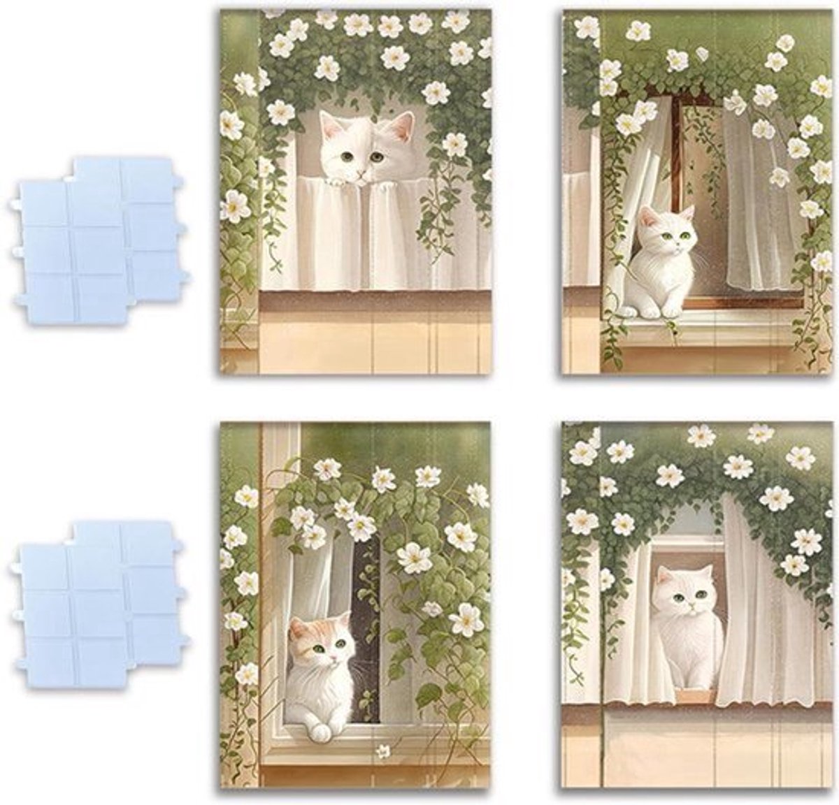 Set van 4 kattenafbeeldingen voor kinderkamer - zonder lijst - decoratie met dubbelzijdig plakband