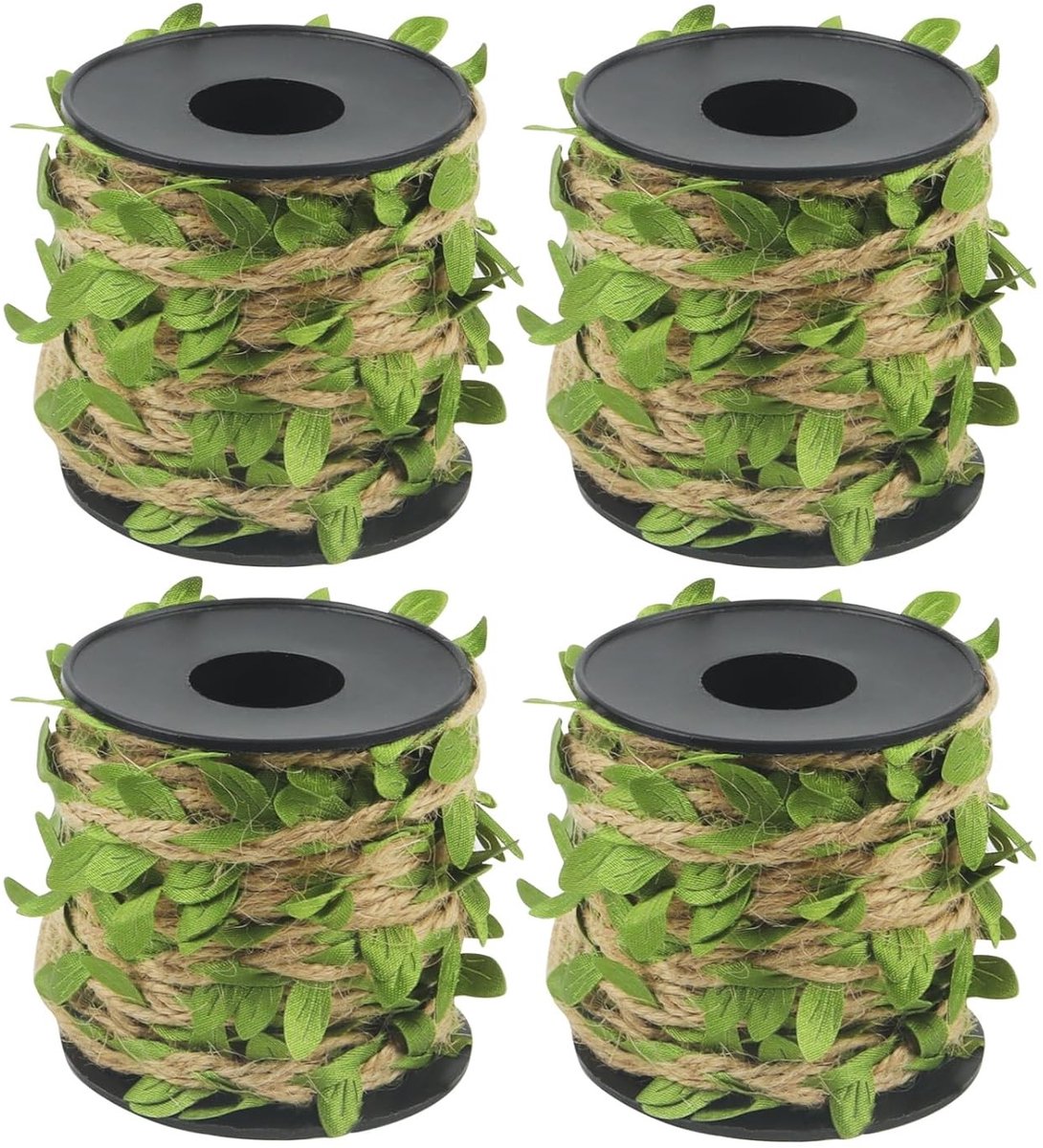 4 Rollen Jute Touw met Groene Bladeren - 5mm x 10m Jute Touw voor Decoratie, Tuin en Ambachten