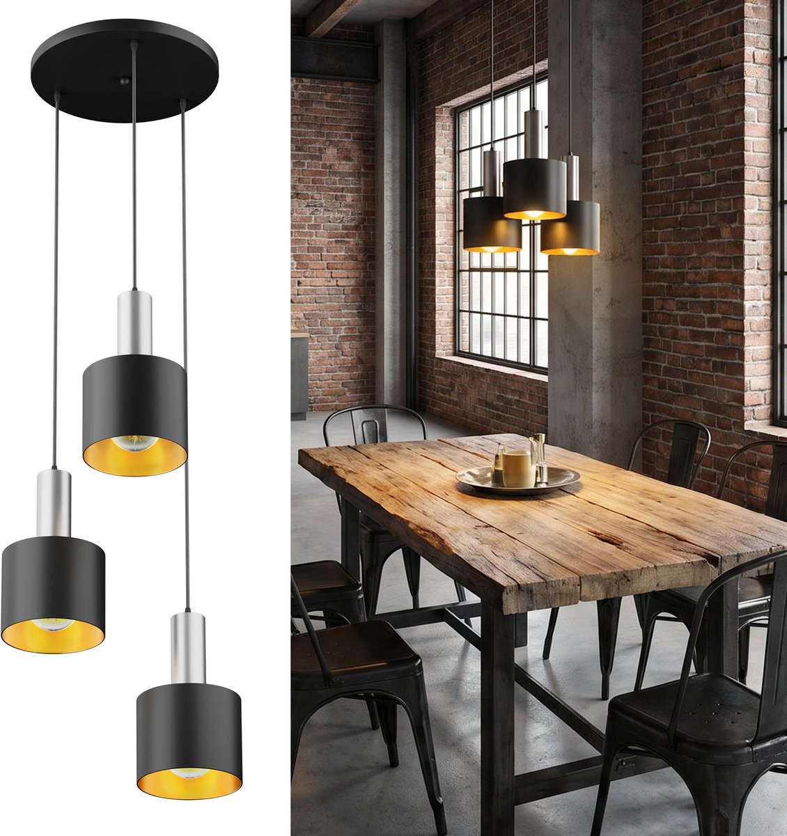 Hanglamp 3-lichts E27 met Warm Wit Licht - Moderne Pendellamp van Metaal Mat Zwart - in Hoogte Verstelbaar voor Woonkamer Eettafel Keuken - Inclusief 3 Edison Lampen - NAIZY