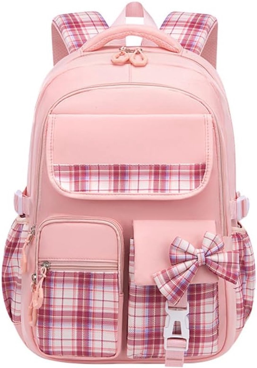 Schoolrugzak Voor Meisjes - Schots Gestreept Schattig Ontwerp - Voor Basisschool, Middelbare School en Tienermeisjes - Roze