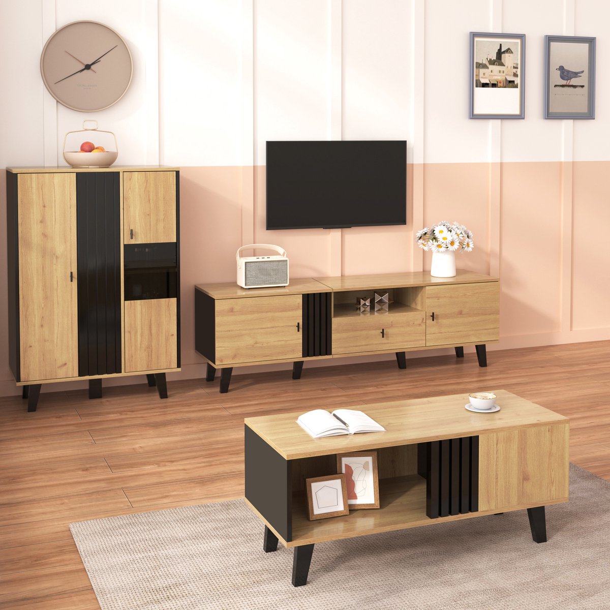 MODFU - Woonkamermeubelset - 3-Delig - Modern - Houtkleur - Zwart - LED-Verlichting