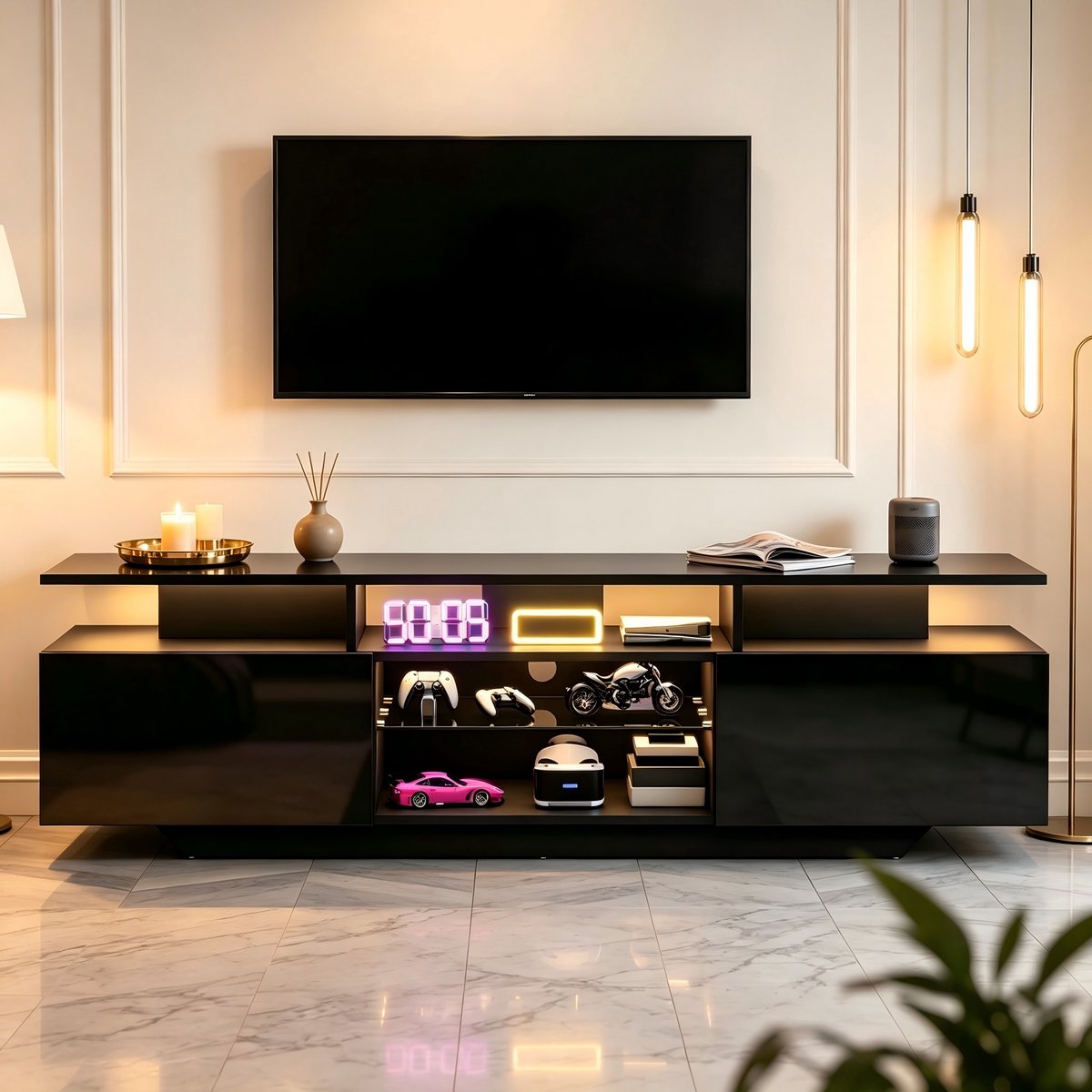 MODFU - Tv Meubel - Led Verlichting - 2 Kasten - Zwart - 160 X 40 X 45 Cm