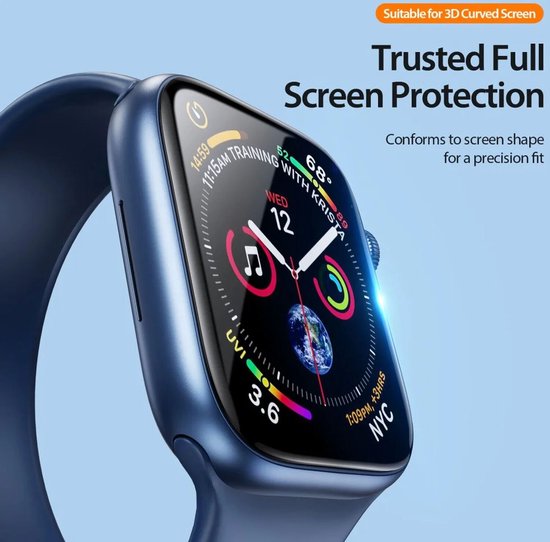Een blauwe Apple Watch met een wijzerplaat. De tekst 'Trusted Full Screen Protection' staat rechtsboven.