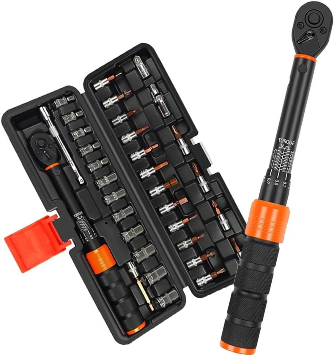 Professionele Momentsleutel Set 1/4 Inch 2-24 Nm - 33-delige Gereedschapset voor Fietsen, Motoren en Meubelmontage met Ratchet (72 Tanden) en Inclusief Bits en Adapters