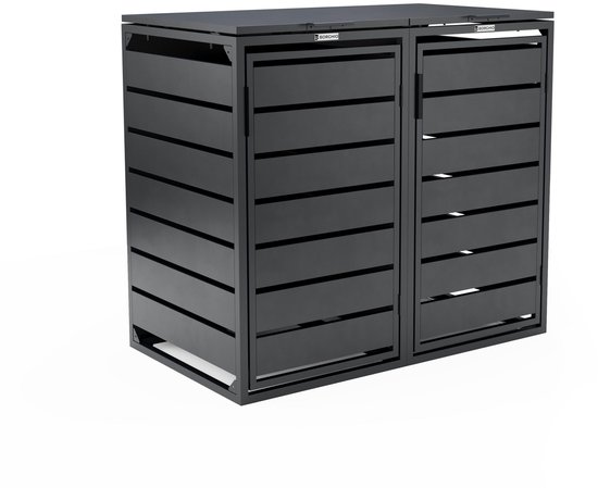 Zwarte dubbele containerombouw met horizontale lamellen, op witte achtergrond.