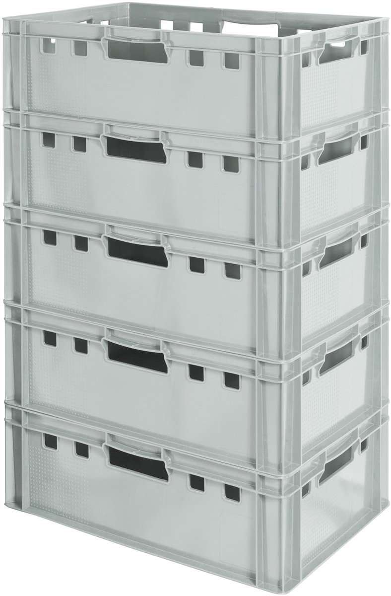 5 E2 vleeskratten, voedselveilige Euroboxen, slagerskratten, opbergdozen, plastic trays, stapelbare opbergkratten, 60 x 40 cm, grijs, Kingpower