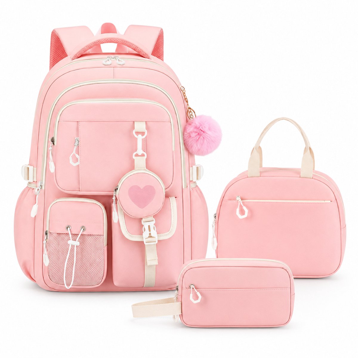 VHV - Schoolrugzak 3-delige set - met lunchtas en etui - 26L - laptopvak 15,6 inch - middelbare school - Roze
