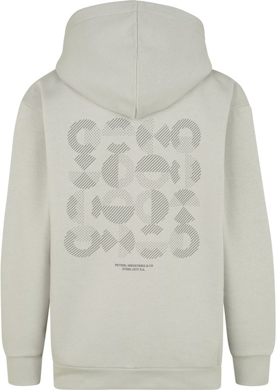 Achterkant van een lichtgrijze hoodie met een grafische print van cirkels en de tekst Petrol Industries & Co Steel City P.A.