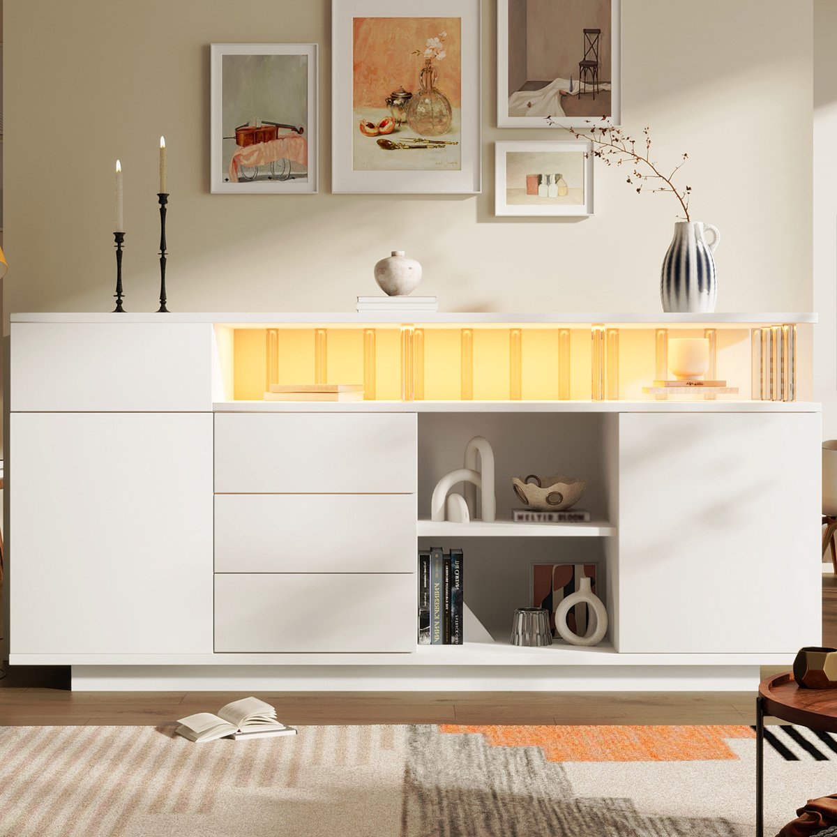 OKWISH Dressoir – Met LED-Verlichting En Acryl Steunen – 160x40x75 Cm – 4 Lades En 2 Deure