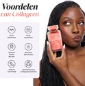 Vrouw die een fles Novomins veganistische collageen gummies vasthoudt. "Voordelen van Collageen" met iconen.
