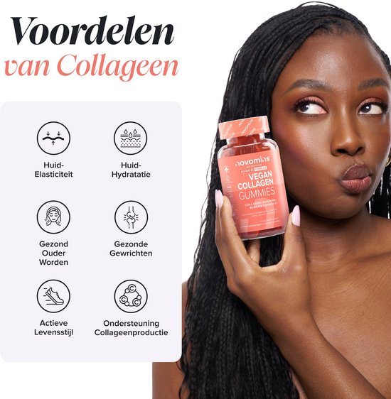Vrouw die een fles Novomins veganistische collageen gummies vasthoudt. "Voordelen van Collageen" met iconen.
