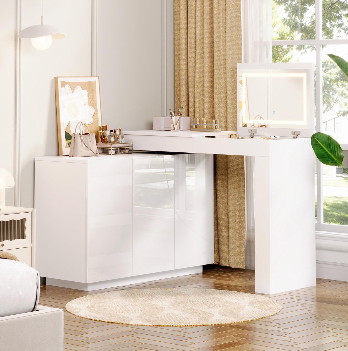 Wishdor - Bureau - L-vormig draaibaar ontwerp - met LED-spiegel en opbergruimte - modern - slaapkamer of thuiskantoor - houtlook hoogglans wit - 100 x 40 x 80 cm