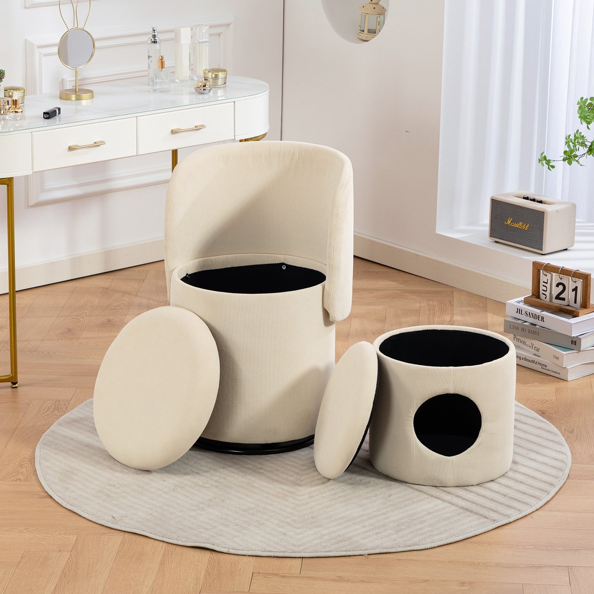 FloraGrace Fauteuil 360° Draaibaar 75 Cm - Met Opbergruimte En Extra Hocker - Voor Slaapkamer En Eetkamer - Corduroy - Beige