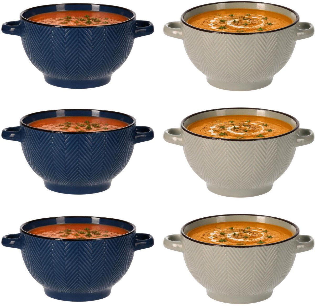 Siaki Soepkommen set fishbone - 6x - lichtgrijs/blauw - keramiek - 680 ml - met oor