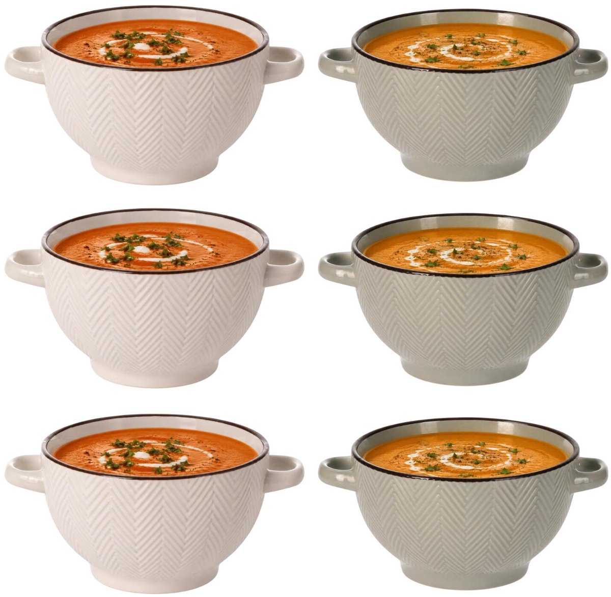 Siaki Soepkommen set fishbone - 6x - lichtgrijs/beige - keramiek - 680 ml - met oor
