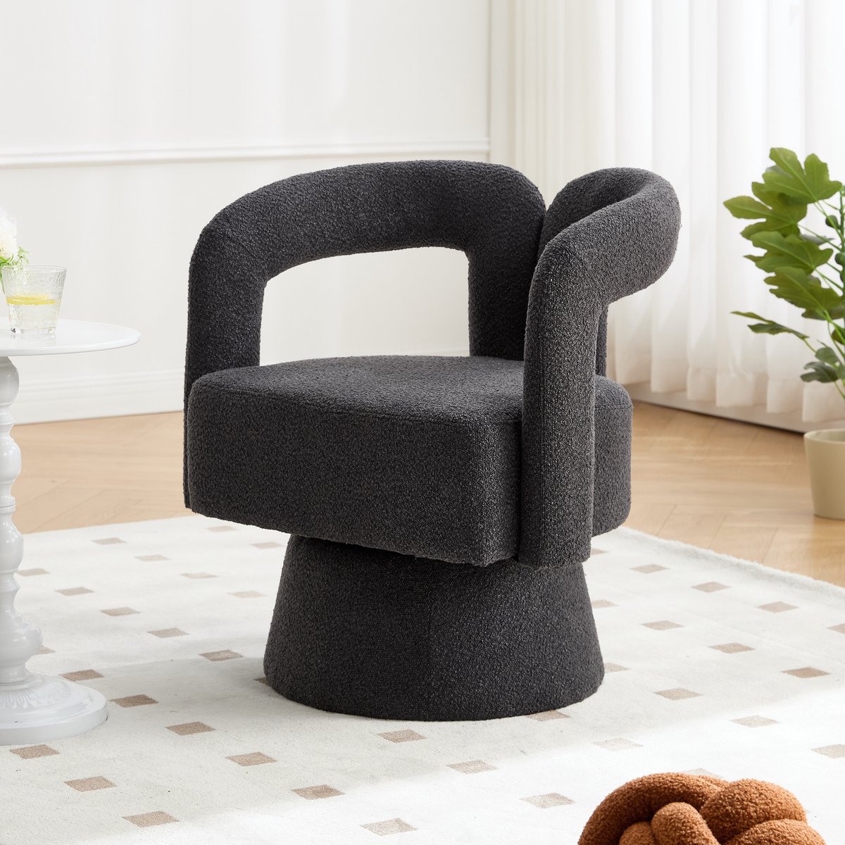 DESMIU Fauteuil 67 X 55 X 74 Cm - 360 Graden Draaibaar Met Brede Gewatteerde Zitting - Voor Woonkamer En Slaapkamer - Bouclé Stof - Donkergrijs