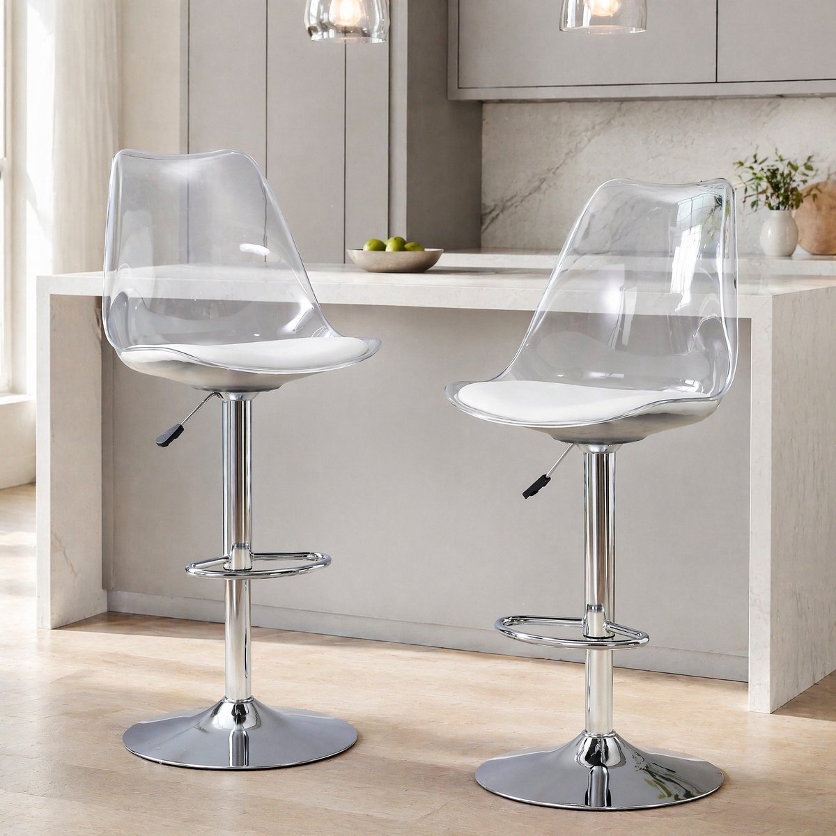 DESMIU Barkruk 45,7 cm - Set Van 2 Hoogte Instelbare 360 Graden Draaibare Barkrukken - Voor Keuken En Bistro - Kunstleer Metaal Kunststof - Transparant Wit Zilver
