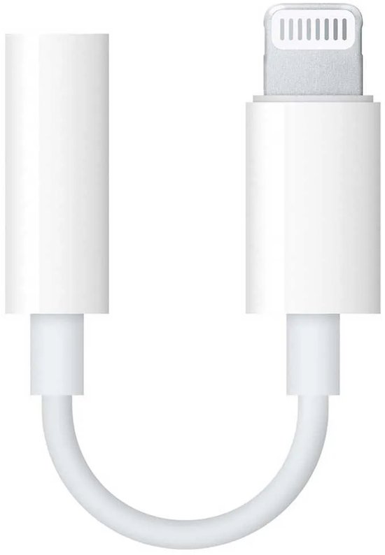Witte Apple Lightning naar 3,5 mm koptelefoonadapter met gebogen kabel.