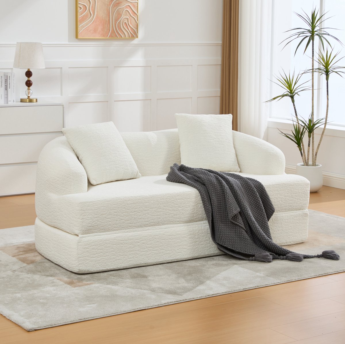 MIVRAY Slaapbank 157 cm - Uitklapbare 2-Zits Bedbank Met 2 Rugkussens - Voor Woonkamer En Gastenkamer - Chenille Beige