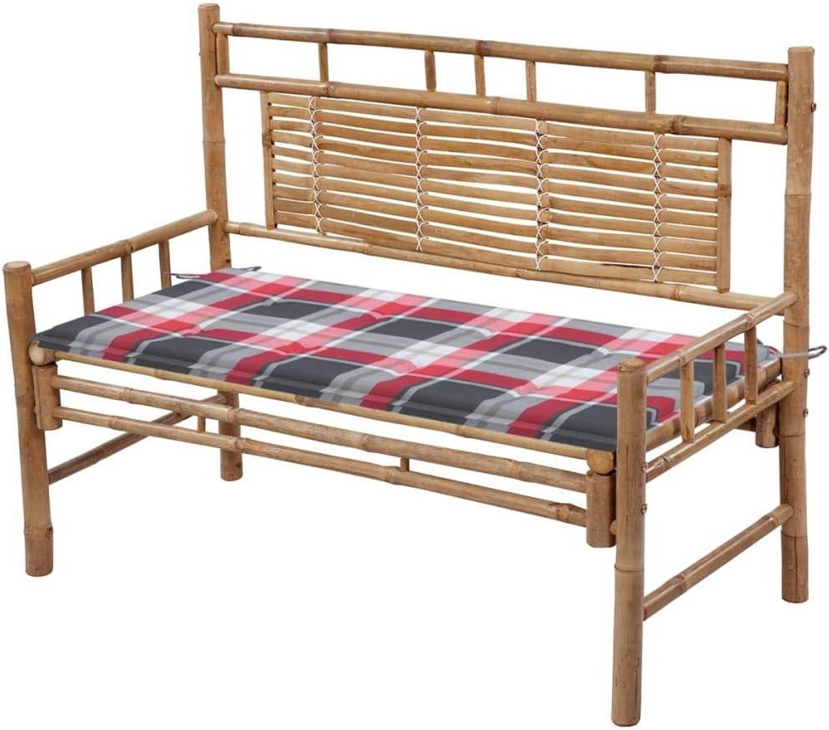 Tuinbank met kussen - Terrasbank parkbank - Buiten ontspannen - Weerbestendig bamboe - 120 cm - Rood ruitpatroon