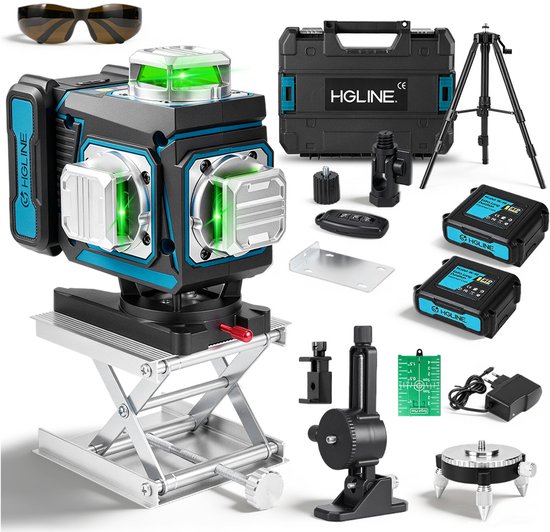 HGLINE 4D kruislijnlaser met accessoires: statief, 2 accu's, koffer, oplader, afstandsbediening en bril.