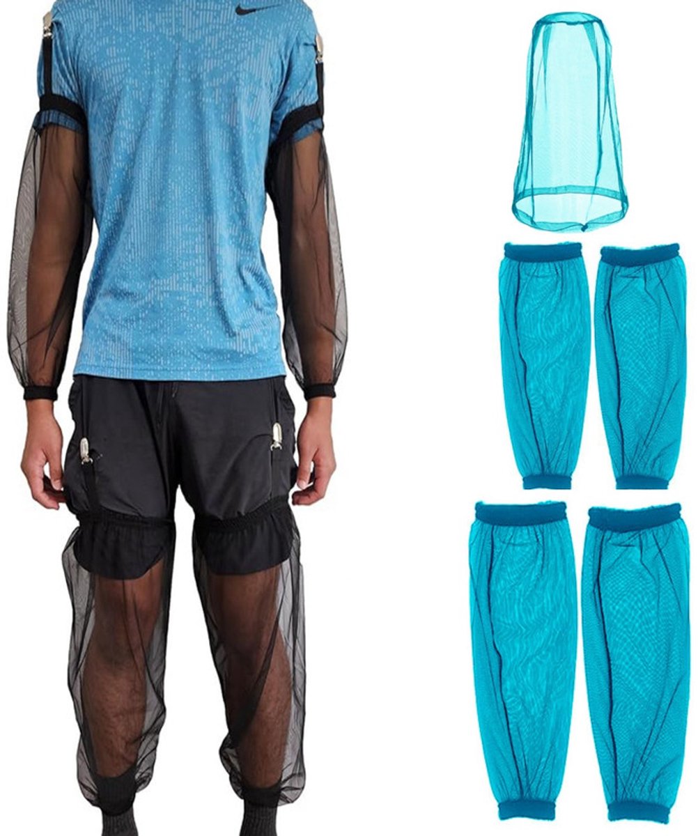 5-delige klamboeset – 1 hoofdnet + 2 armhoezen + 2 beenhoezen – Fijnmazig – Anti-muggenset voor buiten in de zomer – armhoezen – Beenhoezen voor kamperen en sporten – Anti-muggenhoed voor tuinieren en vissen – Geschikt voor kamperen, vissen en meer
