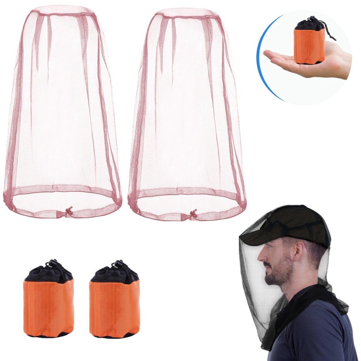 Anti-muggenhoofdnet (set van 2) – Muggenwerend hoofdnet voor de zomer / Insectenwerende gezichtssluier – Gaasnet voor kamperen, wandelen, vissen en tuinieren – Extra groot en extra lang – Ultrafijn gaas – 53 x 66 cm