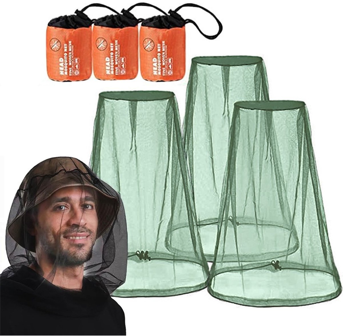 Anti-muggenhoofdnet (set van 3) – Muggenwerend hoofdnet voor de zomer / Insectenwerende gezichtssluier – Gaasnet voor kamperen, wandelen, vissen en tuinieren – Extra groot en extra lang – Ultrafijn gaas – 53 x 66 cm