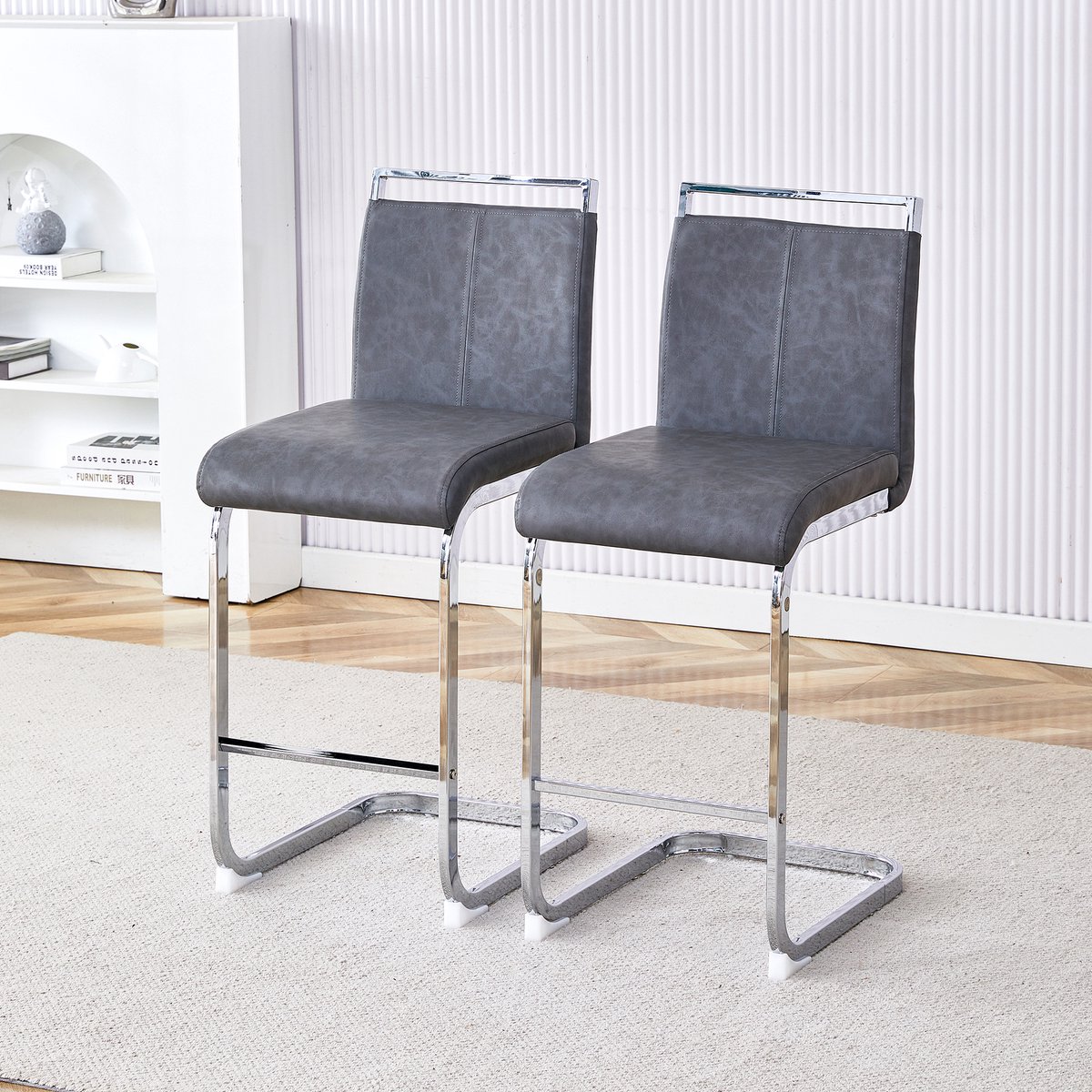 DESMIU Barkruk 96,5 cm - Set van 2 Met Rugleuning En Voetensteun - Voor Keuken, Bar En Restaurant - Kunstleer En Metaal - Donkergrijs Zilver