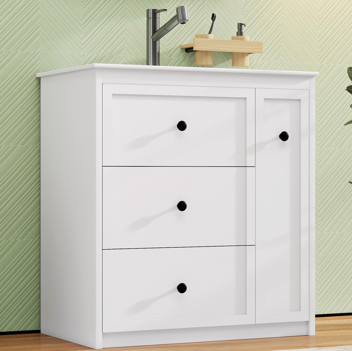 OKWISH Badkamermeubel - Staand Met Geintegreerde Keramische Wastafel - 76 x 46 x 82 cm - 4 Lades - MDF Wit - Grote Opbergruimte