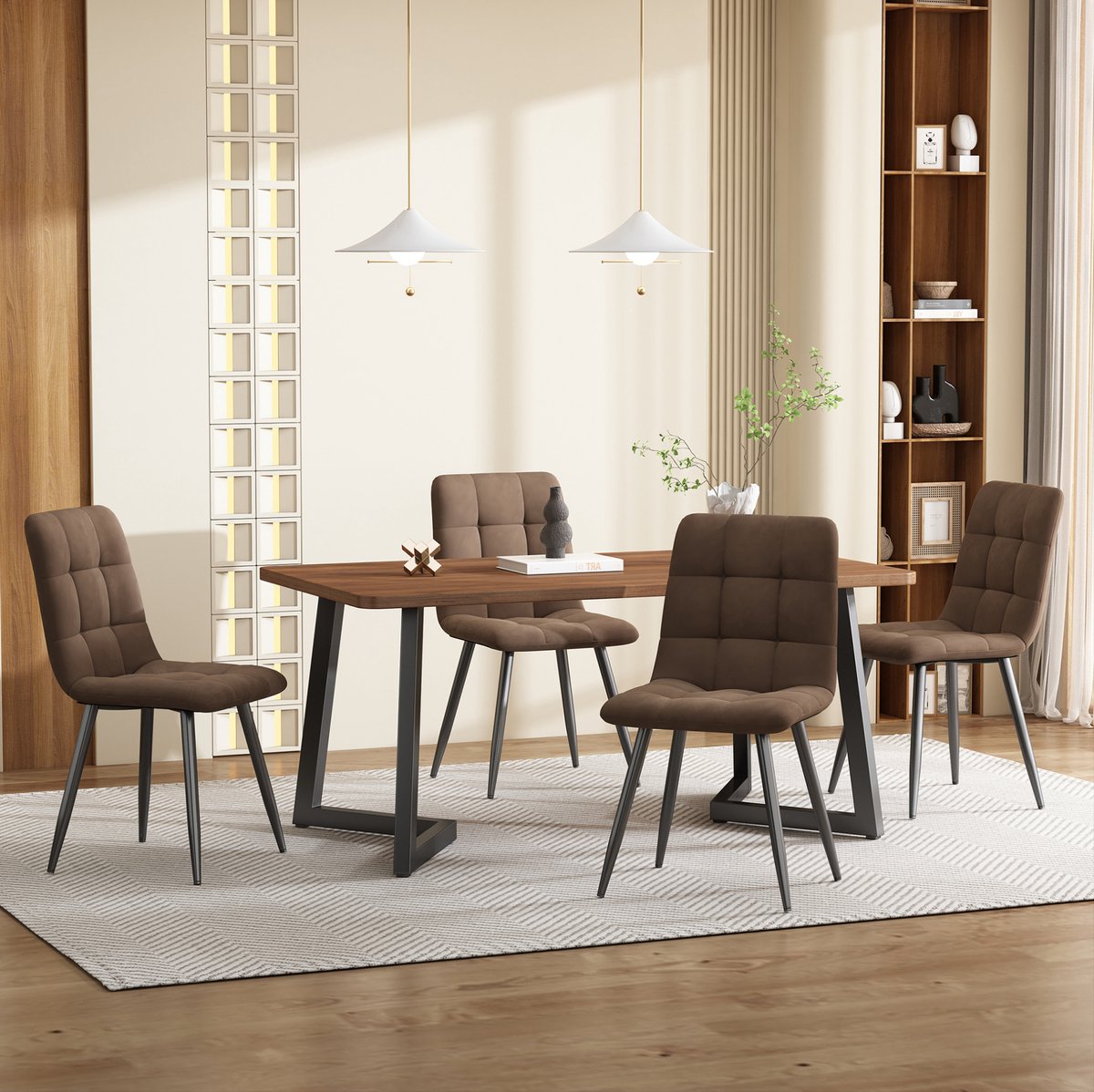 DESMIU Set Tafel En Stoelen 117 x 68 x 75 cm - 5-Delige Eetkamerset Met 4 Fluwelen Stoelen - Voor Keuken En Eetkamer - Hout En Metaal - Walnoot Bruin Zwart