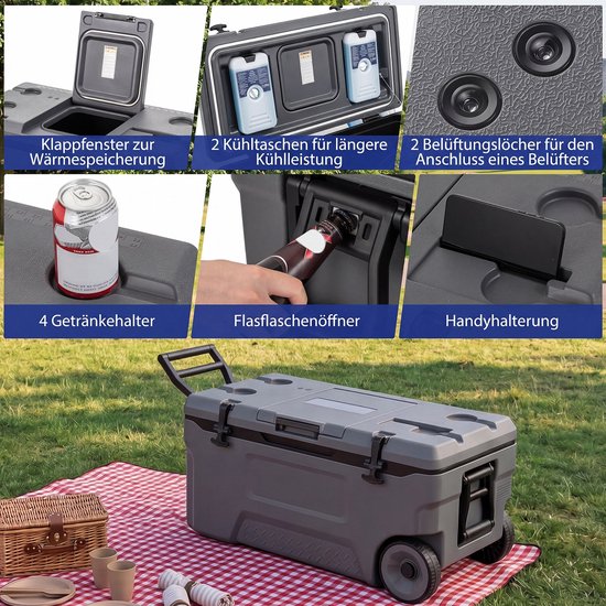 COSTWAY Koelbox, grote thermobox van kunststof met wielen en handgreep, isolatiebox met afvoerstop, bekerhouder en veiligheidssluiting, draagbare koelkast voor camping en picknick van Costway — afbeelding 3