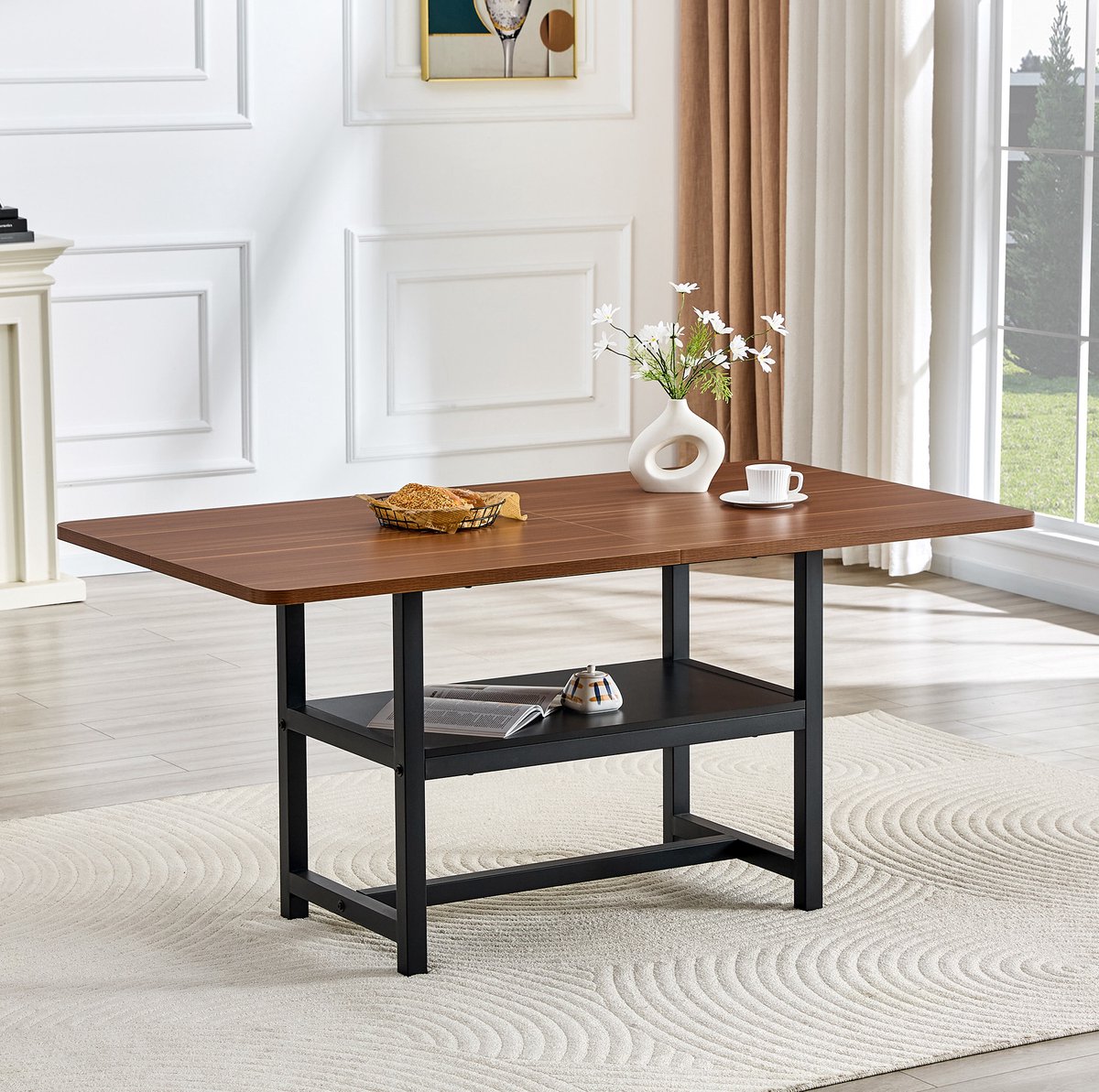 STILVORA Eettafel - Rechthoekig Met Opbergrek - Industrieel Voor Keuken En Eethoek - MDF En Metaal - 160x90x76 Cm - Zwart En Walnootkleur