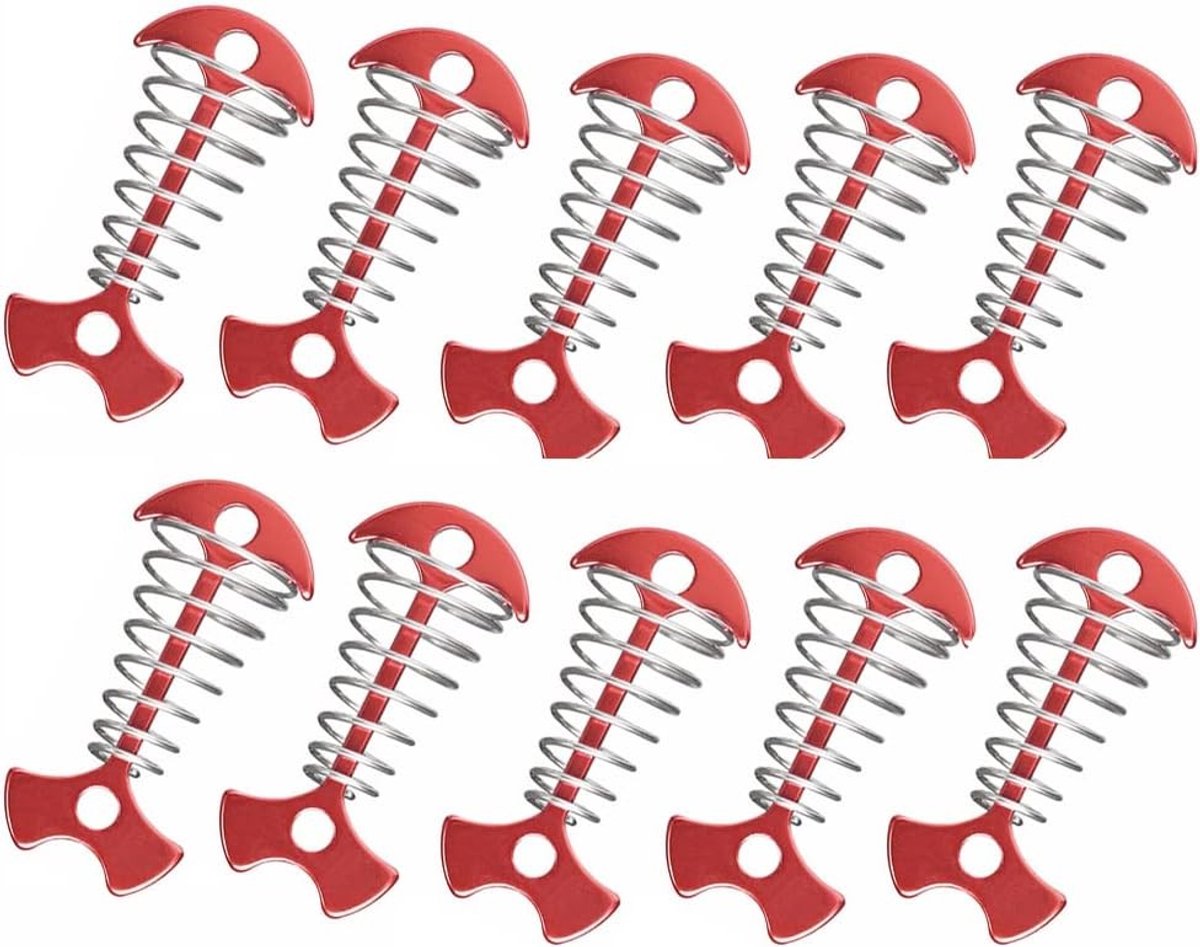 Duurzame Aluminium Visgraat Tentpinnen voor Kamperen, Inclusief Veerhaak, Set van 10, Rood, Ideaal voor Buitenactiviteiten en Tentbevestiging