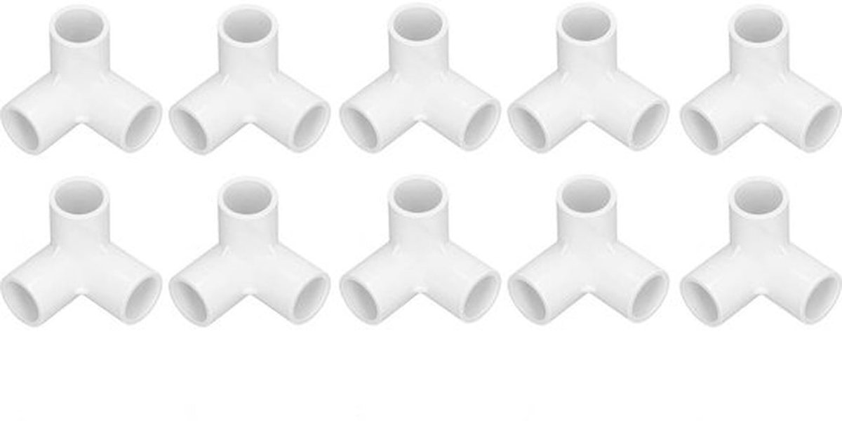 Verpakking van 10 3-weg 90 graden rechthoekige PVC-kunststofbuizen, 90 graden hoek, T-hoek, binnendiameter 20 mm, wit, voor waterleidingen, meubels en kassen