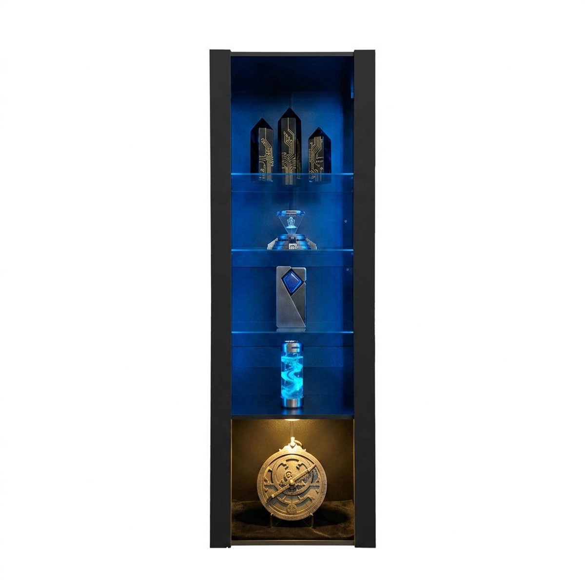 Hoogglans vitrinekast zwart – 55 x 38 x 166 cm – Met ledverlichting en 3 glazen legplanken