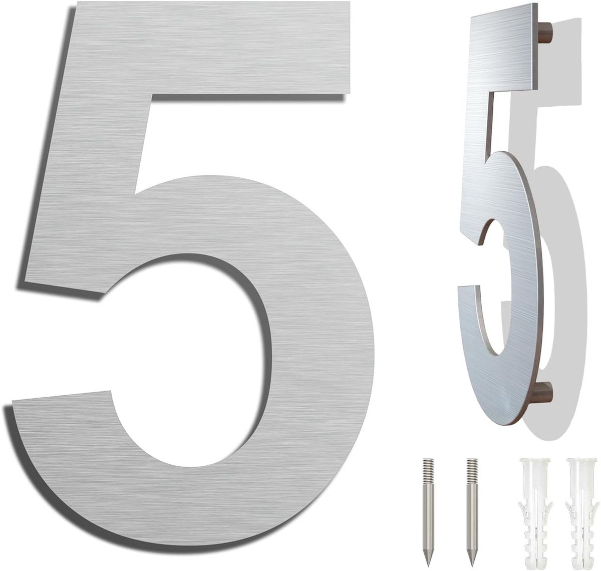 Rvs huisnummer - 25,4 cm - Cijfer 5 - Huisnummerbordje - Huisnummer - Hotelkamernummer - Zwevend huisnummer - Metalen huisnummer - Huisnummer voor buiten - 3D-huisnummer - Eenvoudig te monteren - Minimalistische stijl - Zilver
