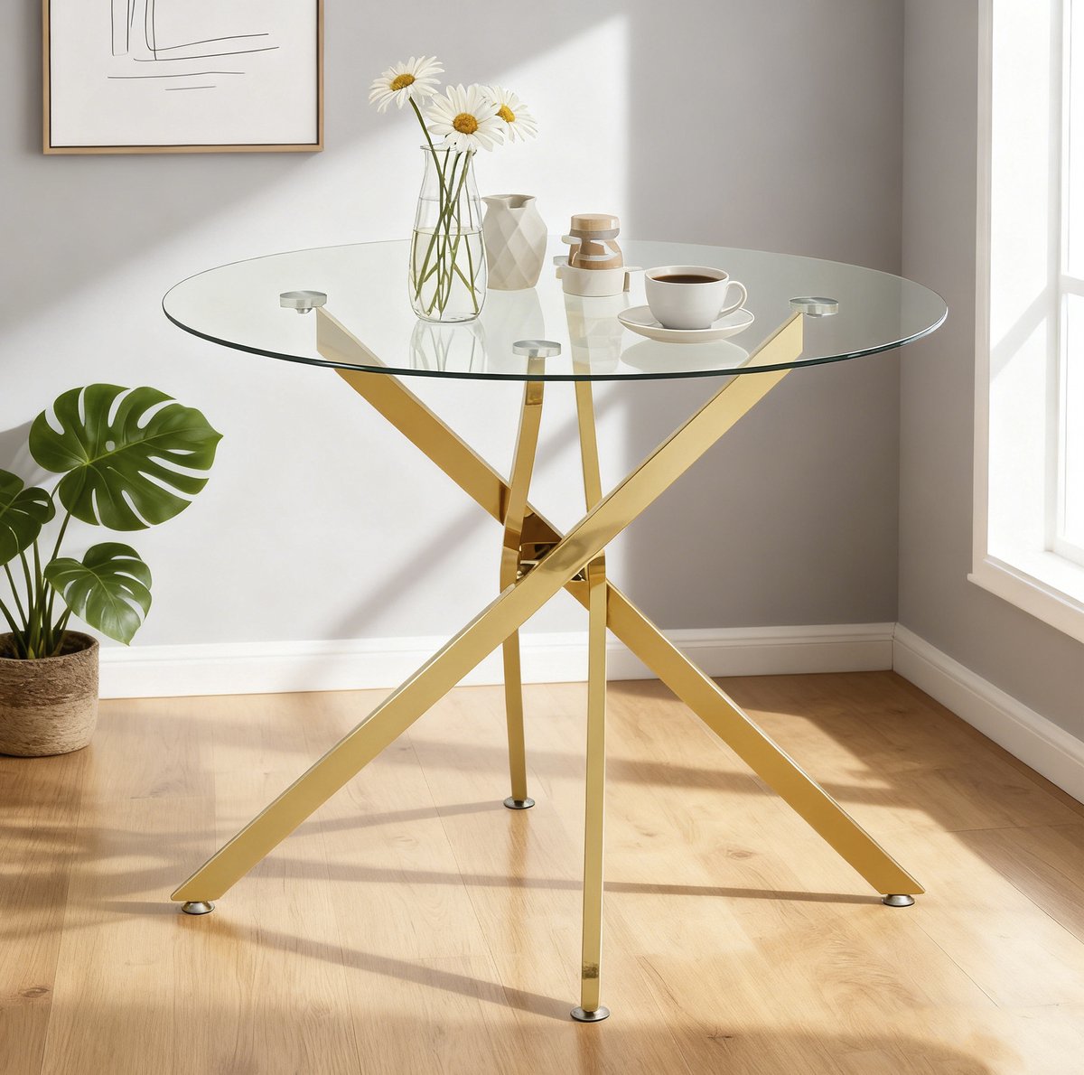 STILVORA Eettafel - Ronde Glazen Tafel Met Gouden Metalen X-Poot - Voor Eethoek En Kleine Ruimtes - Glas En Metaal - 80x80x76 Cm