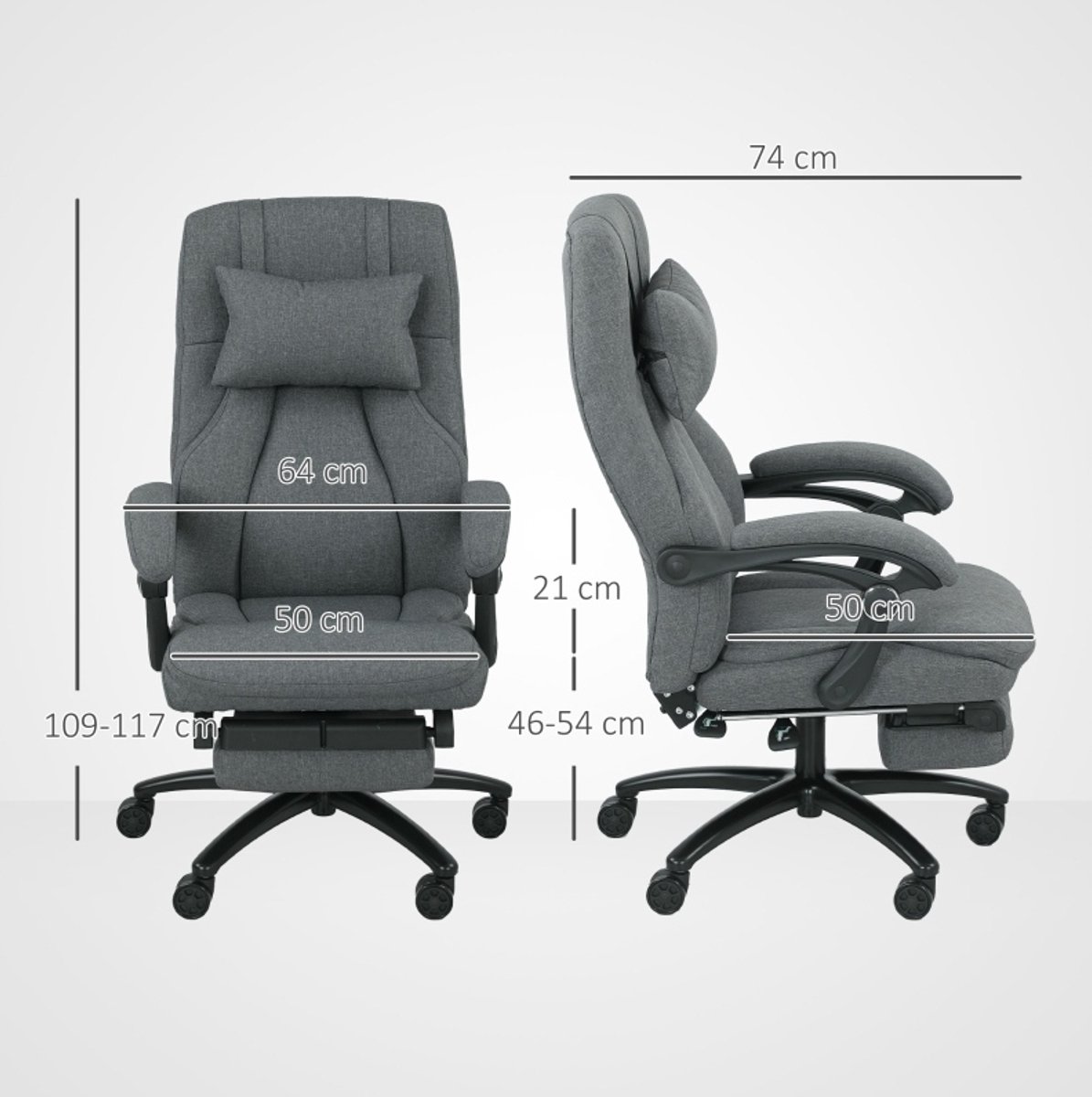DESMIU Bureaustoel 64 x 74 x 109-117 cm - Met Vibratiemassagekussen, USB Aansluiting En Voetsteun - Voor Thuis En Kantoor - Polyester Donkergrijs