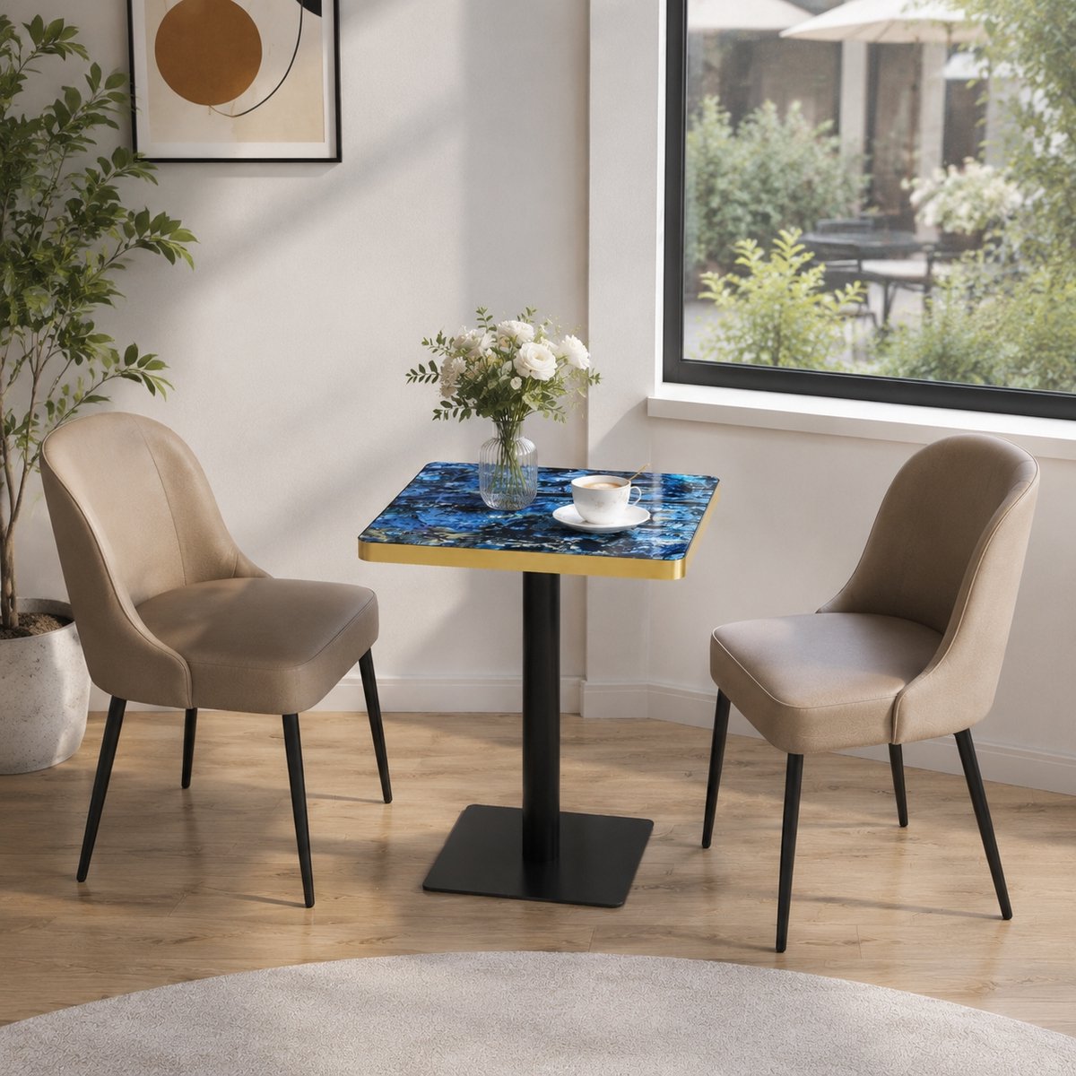 Wishdor - Eettafel - Vierkante tafel 60x60 cm - voor 2-4 personen - modern - eetkamer of bistrohoek - houtlook en metalen onderstel - blauw, goud en zwart - 74 cm