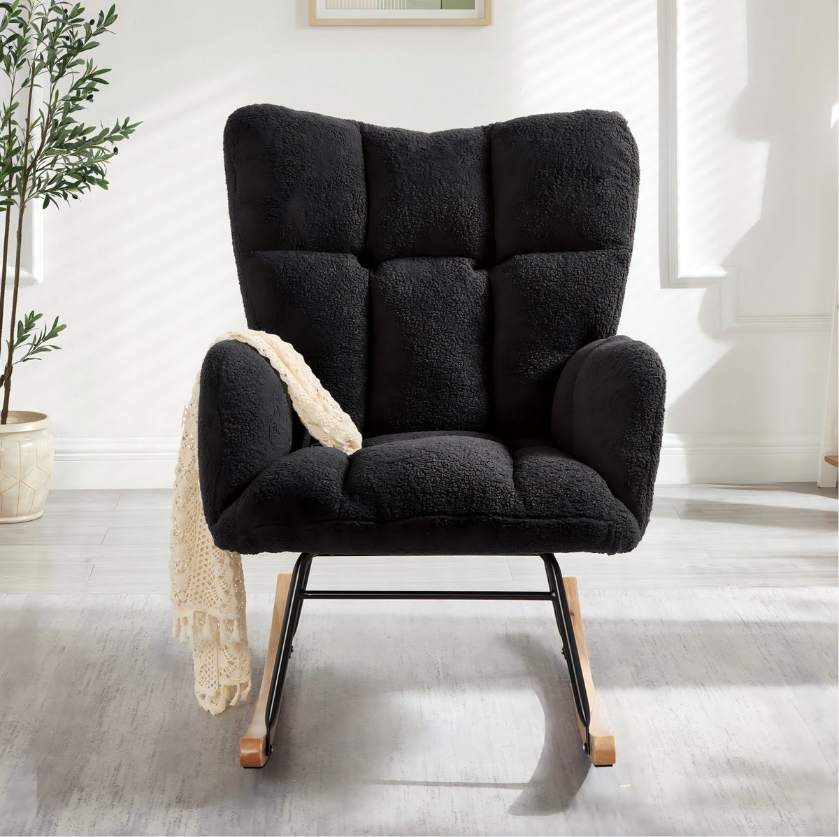 MIVRAY Schommelstoel 69 x 89 x 101 cm - Comfortabele Relaxfauteuil Voor Woonkamer En Slaapkamer - Polyester Donkergrijs Met Houten Onderstel
