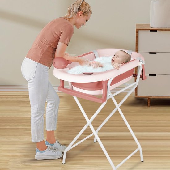 Opvouwbaar Babybad - Babybadje met standaard - Comfortabel Baden - Ingebouwde Thermometer - 55 x 40 x 90 cm - Roze — afbeelding 2