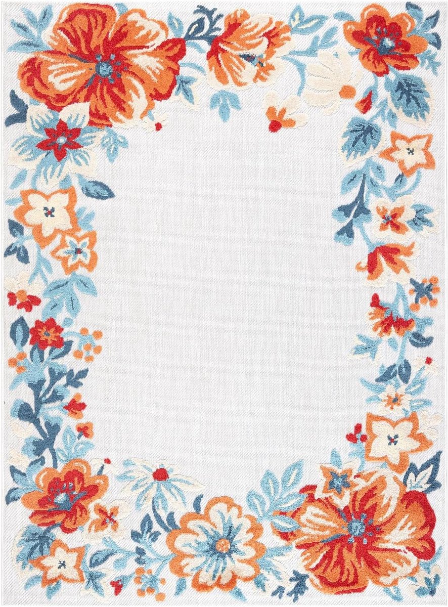 Bloemen Buiten Tapijt - Terrastapijt Binnen - Decoratie Buiten - UV-bestendig - 150x700 cm - Grijs Rood Blauw