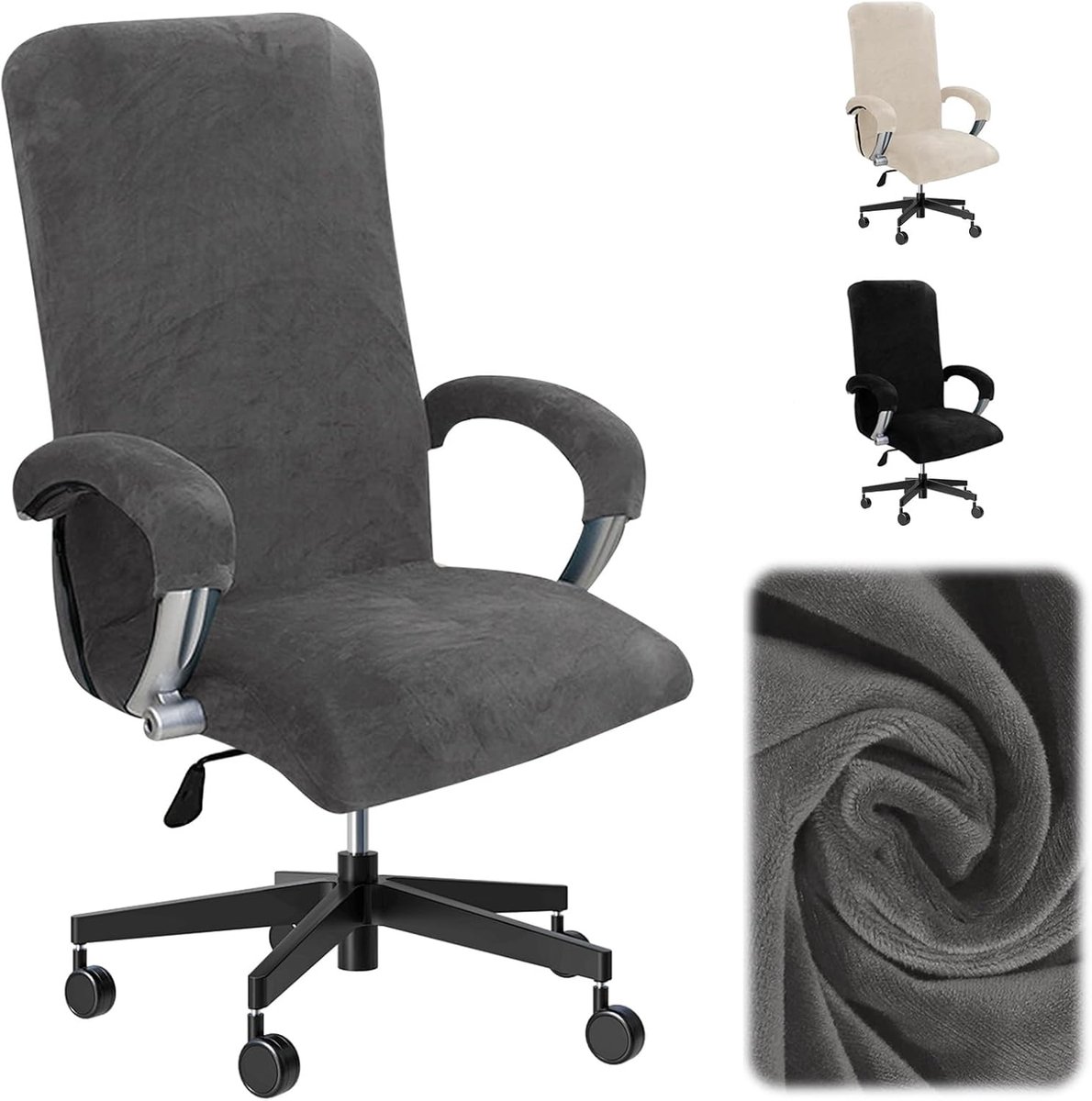 SnelShoppen - Velvet Plush Kantoorstoel Bekleding met Armleuningen - Grijze Luxe Stoelhoes voor Thuiswerk, Bureau of Vergadering - Maat L