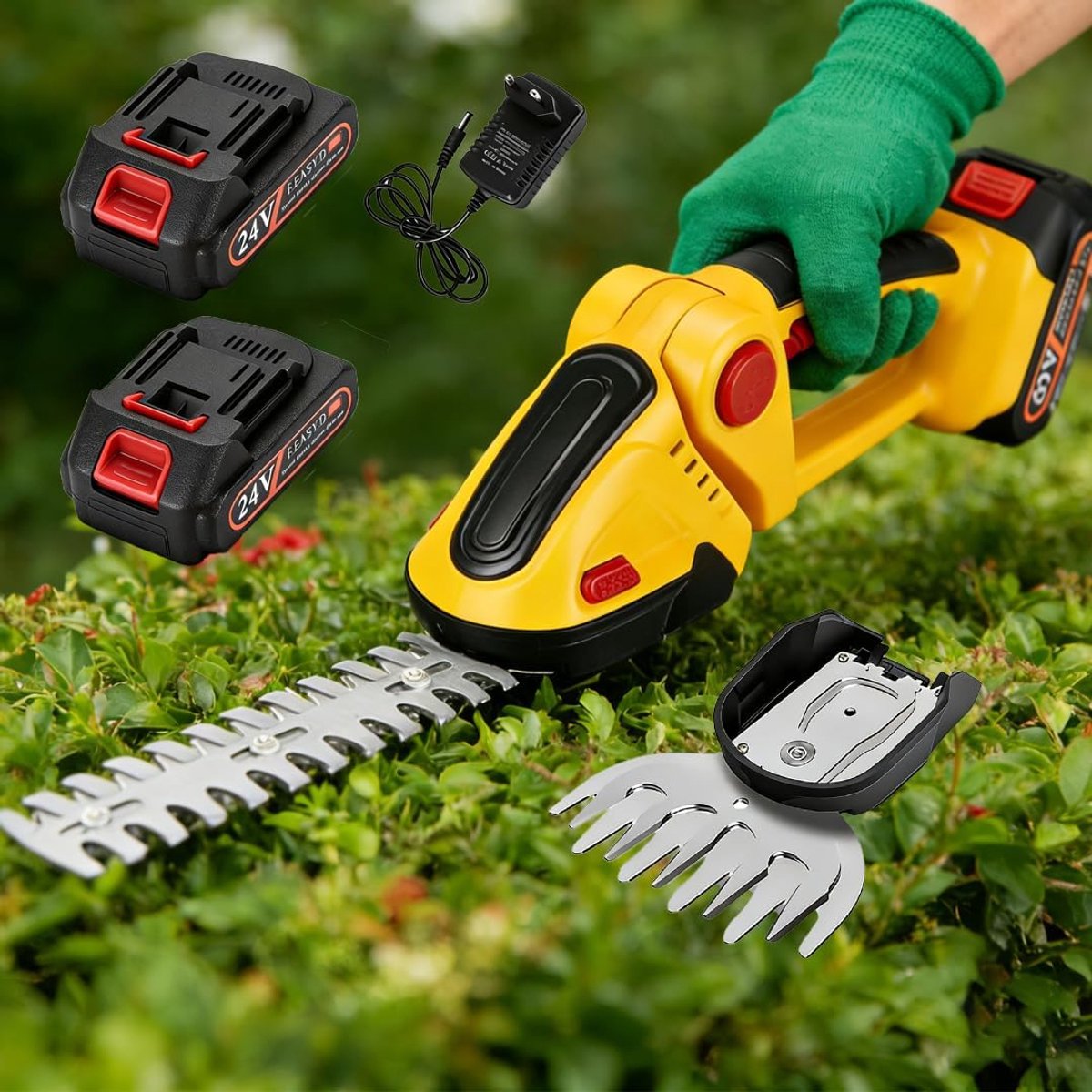 SnelShoppen - Accu Gras- en Hecken-scharen 24V Tuinscharen met Diverse Opzetstukken, 30 cm Schaar, 10 cm Grasmes, 2x 1500 mAh Batterijen en Oplader