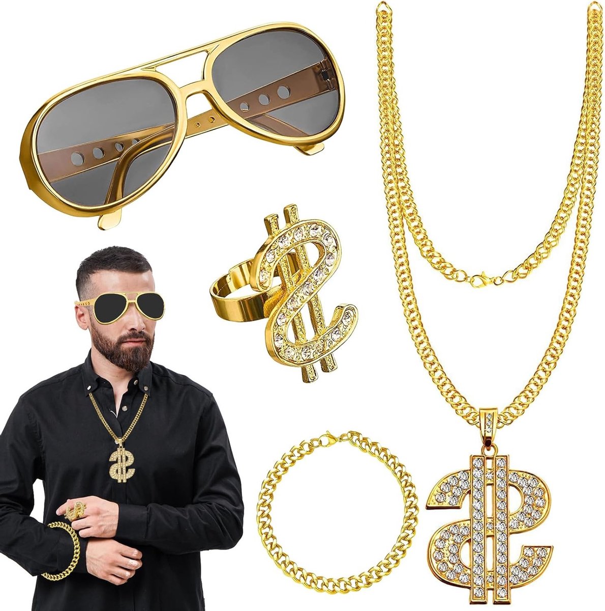 4-delig kostuumset met gouden dollar ketting, retro outfit voor de jaren 80 en 90, hiphop accessoires voor carnaval en feesten