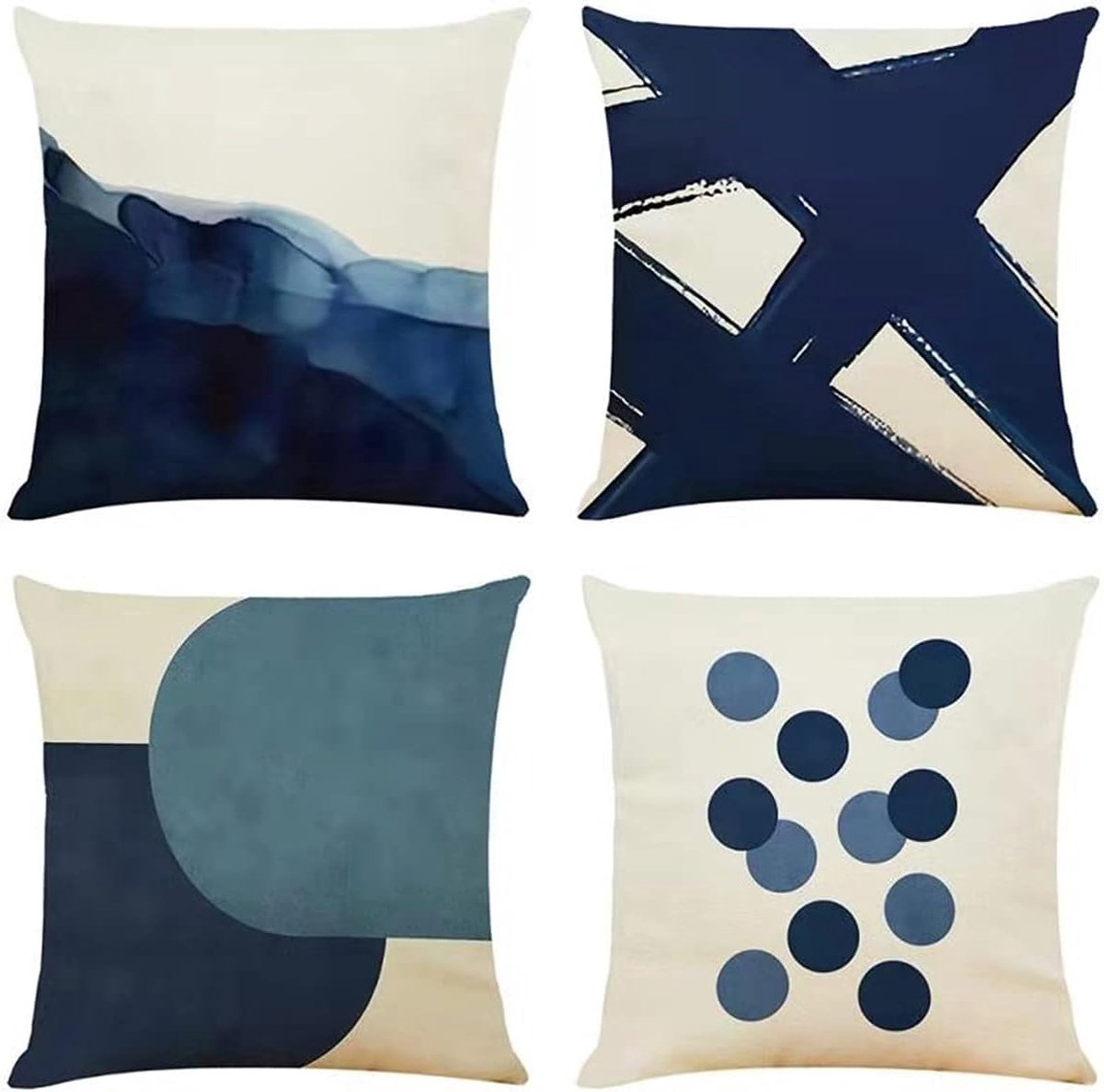 SnelShoppen - Set van 4 Decoratieve Kussenhoezen Modern 50x50cm Blauw - Katoen Linnen Buiten Binnen - Perfect voor Tuin, Woonkamer, Sofa, Feest