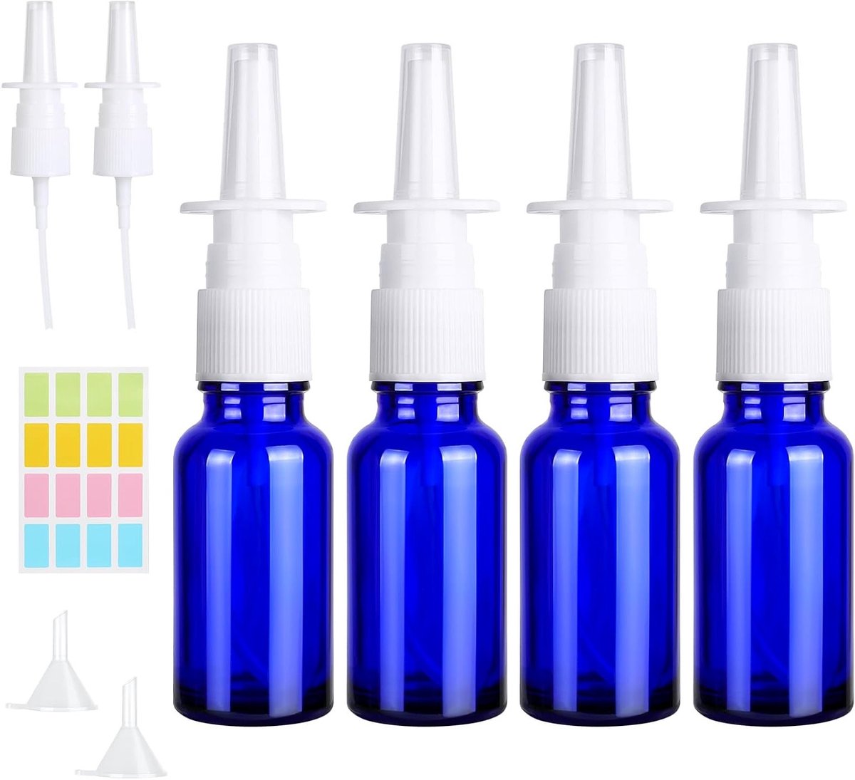 Set van 4 Herbruikbare Neussprayspuiten van 10ml met Lege Flessen, Labels en Toebehoren voor Parfum, Essentiële Olie en Zoutoplossing