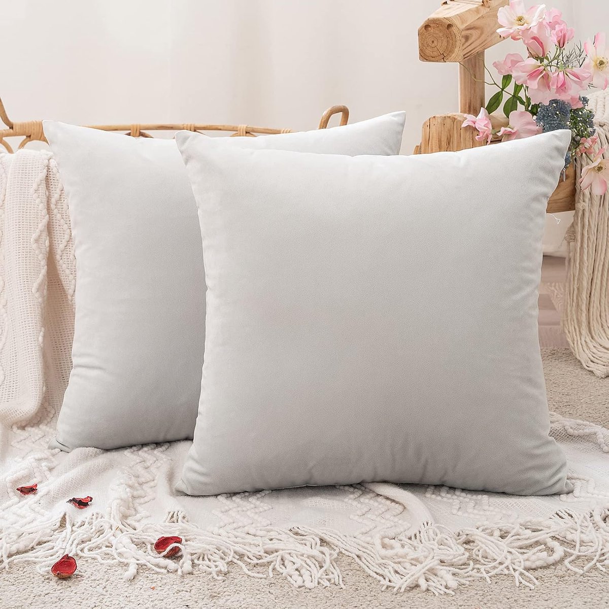 SnelShoppen - Set van 2 Decoratieve Kussenhoezen 50x50 cm, Luxe Grijs Wit Velvet met Verborgen Rits voor Woonkamer en Slaapkamer