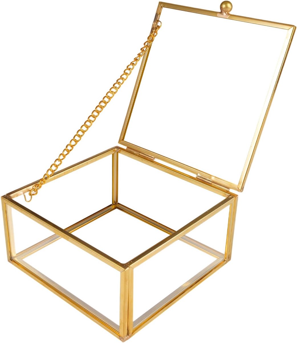 SnelShoppen - Glass Jewellery Box Goud Vintage 10x10x5 cm - Luxe Glazen Sieradenbox met Deksel - Perfect voor Oorbellen, Ringen, Moederdag, Bruiloft,